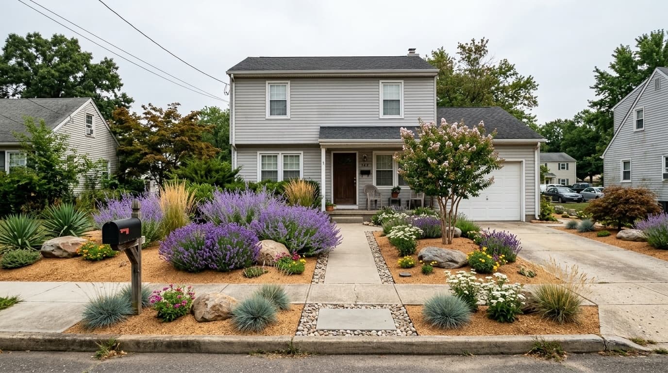 The same front yard reimagined as a lush, water-wise landscape design