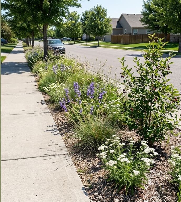 The same parkstrip redesigned with water-wise plants