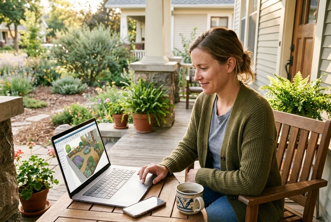 A homeowner designing their yard on a laptop from their porch