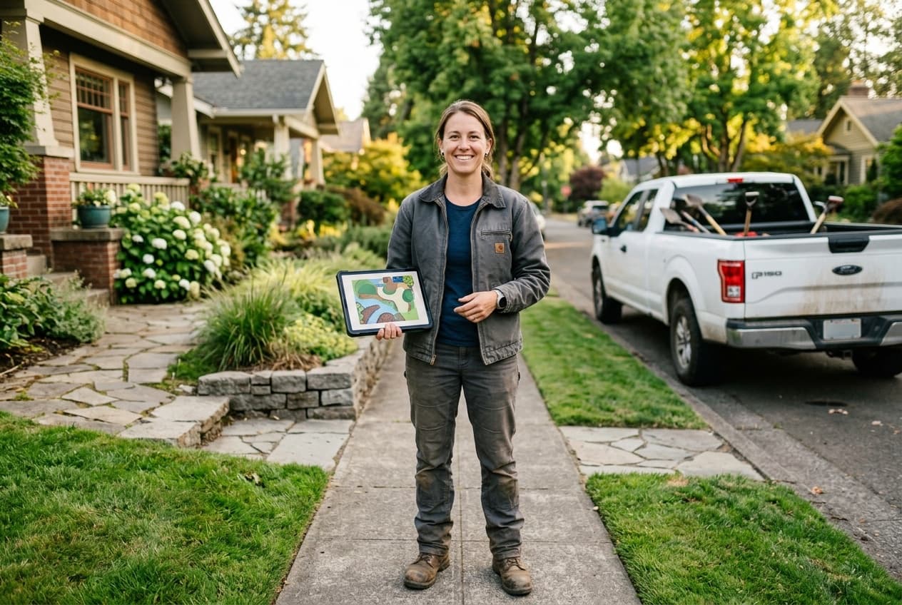 A landscaping professional presenting a design on a tablet at a client's property